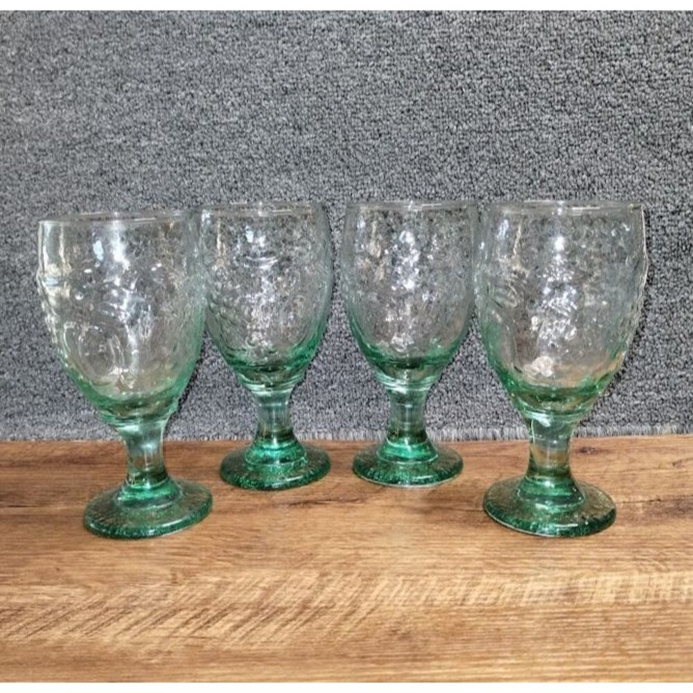Set of 4 Vintage Libbey Green Water/ Iced Tea Glass Goblets Orchard Fruit 16 oz